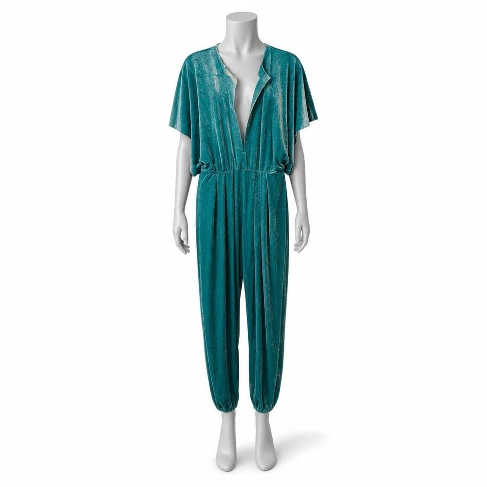 Norma Kamali Rectangle Jog Jumpsuit Teal Crushed Velvet - Pre-owned S/36